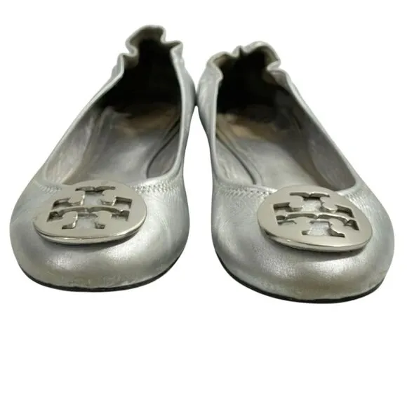 Tory Burch Reva Silver Metallic Ballet Flats Size 7.5 Shoes Silver Medallion