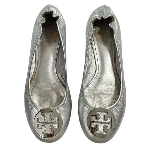 Tory Burch Reva Silver Metallic Ballet Flats Size 7.5 Shoes Silver Medallion