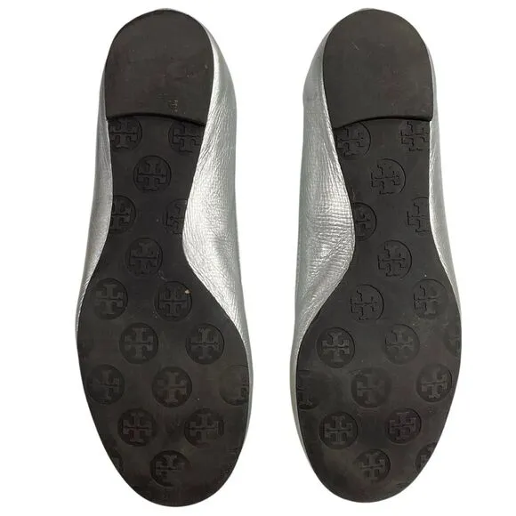 Tory Burch Reva Silver Metallic Ballet Flats Size 7.5 Shoes Silver Medallion