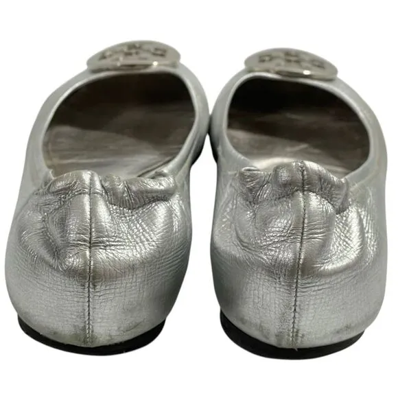 Tory Burch Reva Silver Metallic Ballet Flats Size 7.5 Shoes Silver Medallion