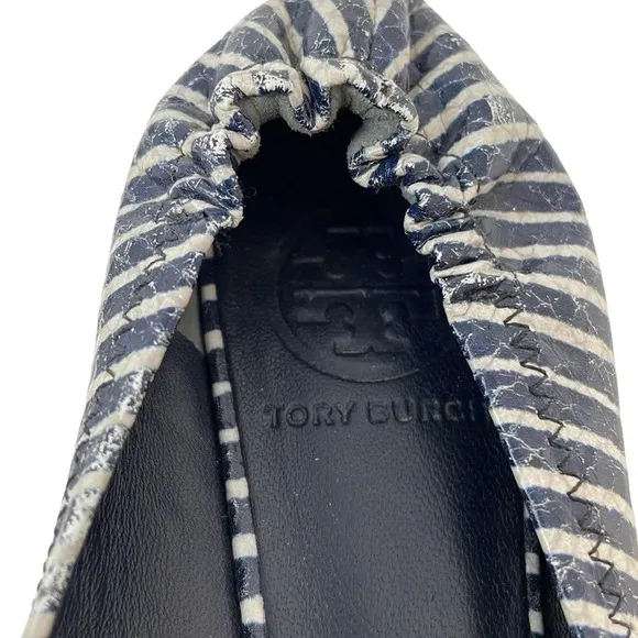 Tory Burch Shoes Women’s 6 Minnie Ballet Flats Blue White Stripes Gold Logo