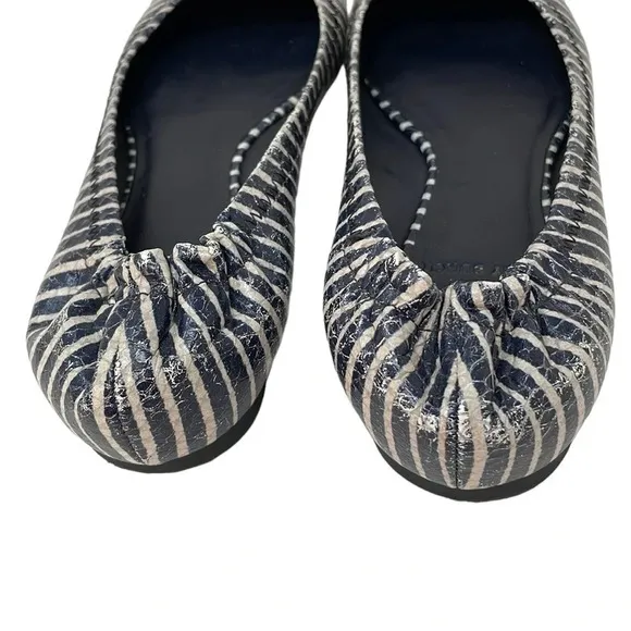 Tory Burch Shoes Women’s 6 Minnie Ballet Flats Blue White Stripes Gold Logo