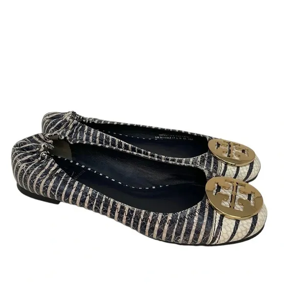 Tory Burch Shoes Women’s 6 Minnie Ballet Flats Blue White Stripes Gold Logo