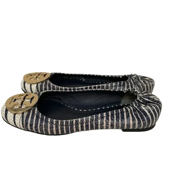 Tory Burch Shoes Women’s 6 Minnie Ballet Flats Blue White Stripes Gold Logo