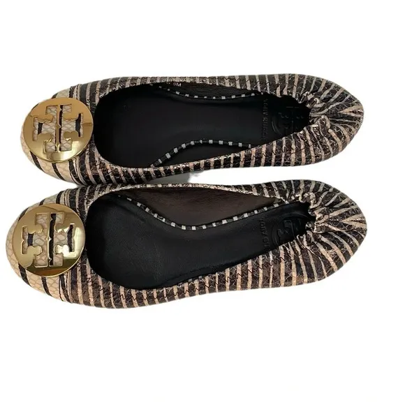 Tory Burch Shoes Women’s 6 Minnie Ballet Flats Blue White Stripes Gold Logo