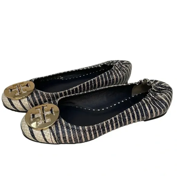 Tory Burch Shoes Women’s 6 Minnie Ballet Flats Blue White Stripes Gold Logo