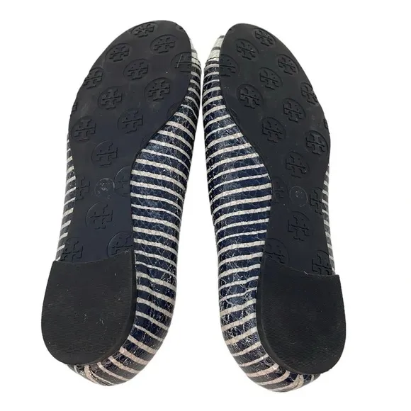 Tory Burch Shoes Women’s 6 Minnie Ballet Flats Blue White Stripes Gold Logo