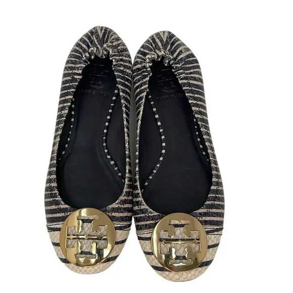 Tory Burch Shoes Women’s 6 Minnie Ballet Flats Blue White Stripes Gold Logo