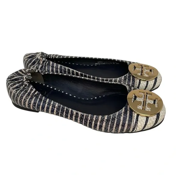 Tory Burch Shoes Women’s 6 Minnie Ballet Flats Blue White Stripes Gold Logo