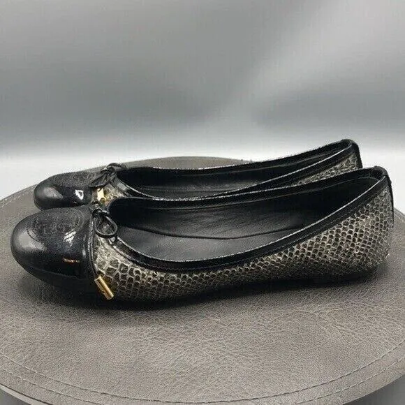 Tory Burch Shoes Womens Size 8 Grey Black Python Embossed Patent Leather Flats