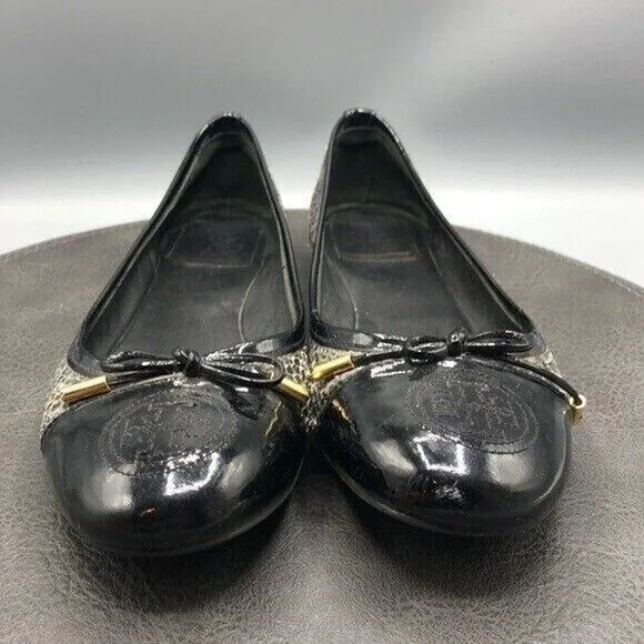 Tory Burch Shoes Womens Size 8 Grey Black Python Embossed Patent Leather Flats
