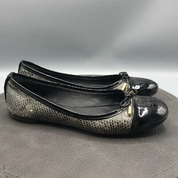 Tory Burch Shoes Womens Size 8 Grey Black Python Embossed Patent Leather Flats