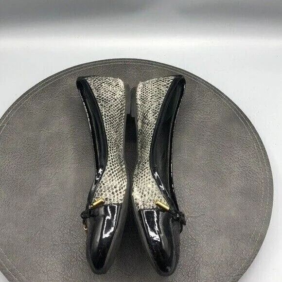 Tory Burch Shoes Womens Size 8 Grey Black Python Embossed Patent Leather Flats