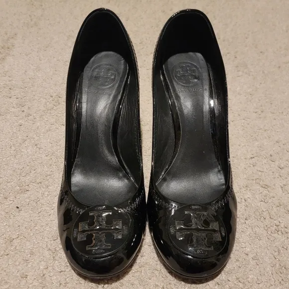 Tory Burch Sophie Black Patent Leather Wedge Heels Size 8