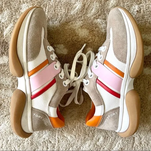 Tory Burch Sport Bubble Stripe Lace-up Sneaker Multi White Pink Tan Suede Sz 6.5