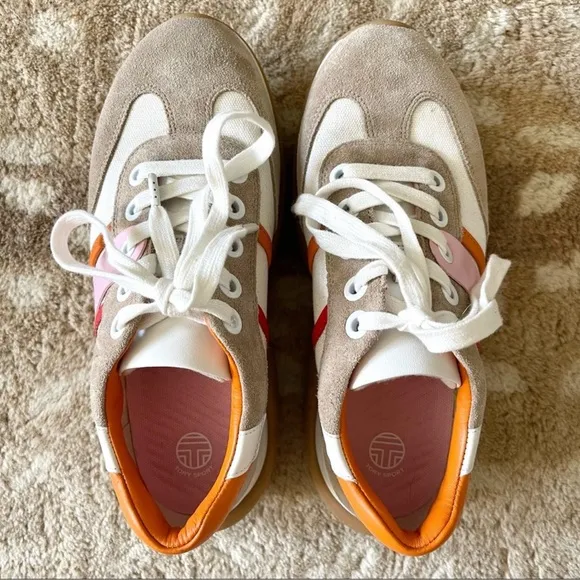 Tory Burch Sport Bubble Stripe Lace-up Sneaker Multi White Pink Tan Suede Sz 6.5