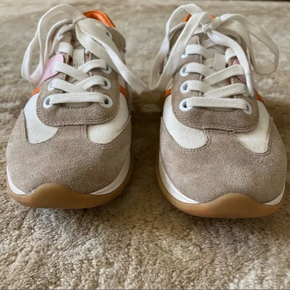 Tory Burch Sport Bubble Stripe Lace-up Sneaker Multi White Pink Tan Suede Sz 6.5