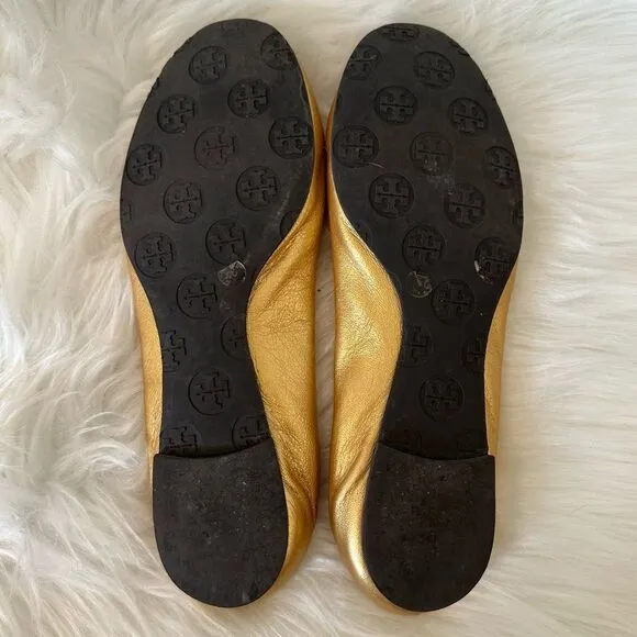 Tory Burch Gold Leather Reva Scrunch Ballet Flats