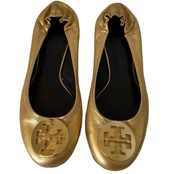 Tory Burch Gold Leather Reva Scrunch Ballet Flats