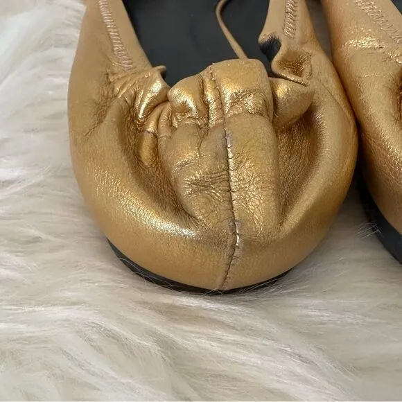 Tory Burch Gold Leather Reva Scrunch Ballet Flats