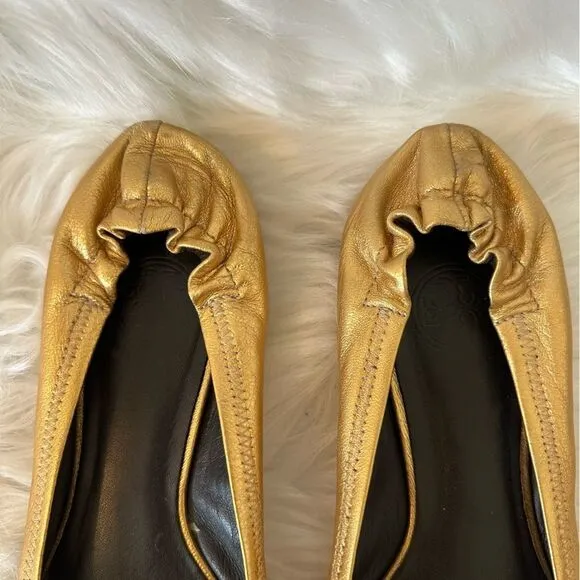 Tory Burch Gold Leather Reva Scrunch Ballet Flats