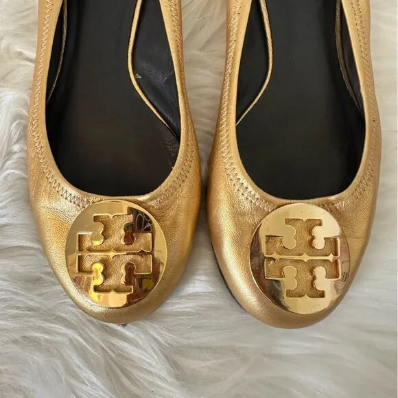 Tory Burch Gold Leather Reva Scrunch Ballet Flats