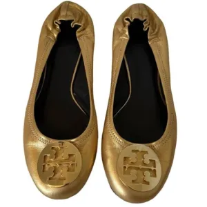 Tory Burch Gold Leather Reva Scrunch Ballet Flats
