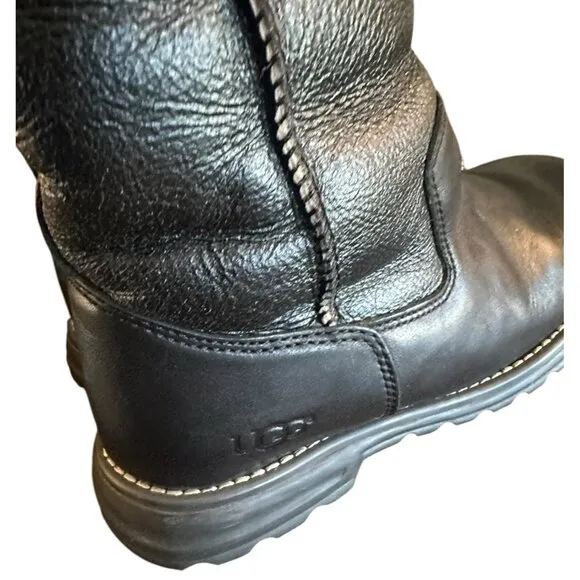 UGG Brooks Tall Black Leather 5490 Shearling Lined Boots Women's US 7 EUR 38