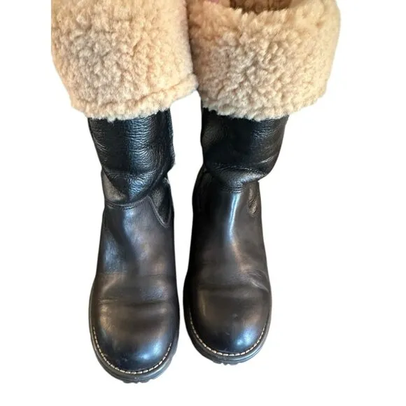 UGG Brooks Tall Black Leather 5490 Shearling Lined Boots Women's US 7 EUR 38