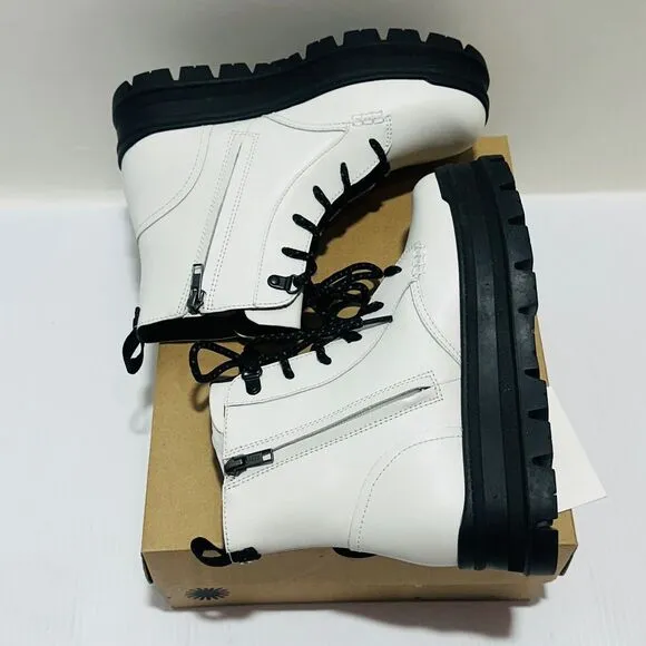 UGG Sidnee US 8 Combat Boots White Leather Waterproof Side Zip NIB $150