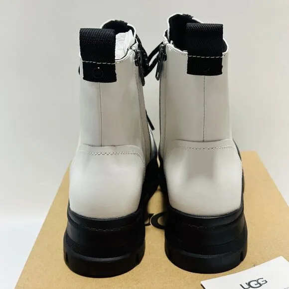 UGG Sidnee US 8 Combat Boots White Leather Waterproof Side Zip NIB $150