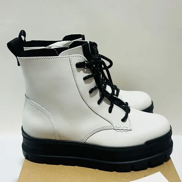 UGG Sidnee US 8 Combat Boots White Leather Waterproof Side Zip NIB $150