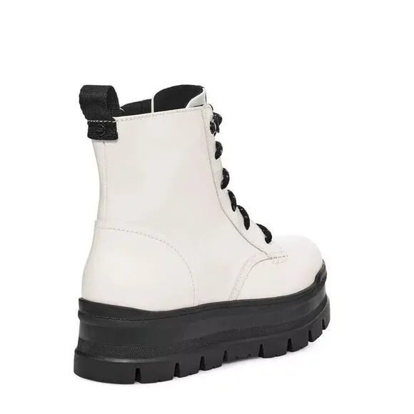 UGG Sidnee US 8 Combat Boots White Leather Waterproof Side Zip NIB $150