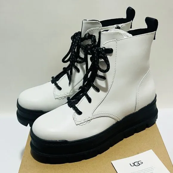 UGG Sidnee US 8 Combat Boots White Leather Waterproof Side Zip NIB $150