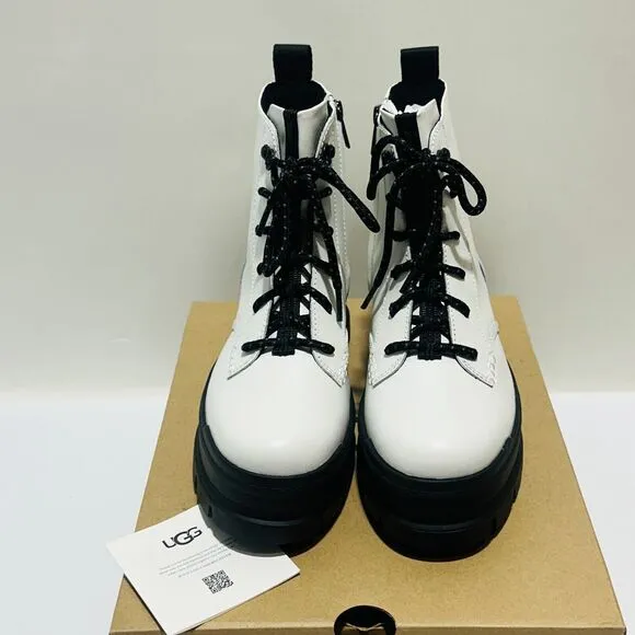 UGG Sidnee US 8 Combat Boots White Leather Waterproof Side Zip NIB $150