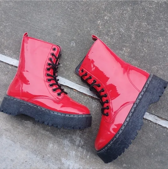 UNILADY Combat Military Lace-up Patent Leather Ankle Booties NWT