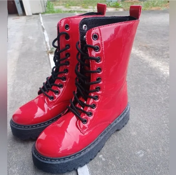 UNILADY Combat Military Lace-up Patent Leather Ankle Booties NWT