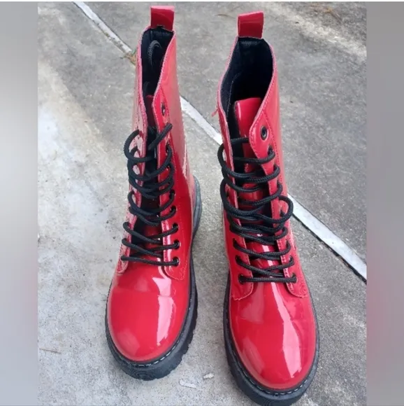 UNILADY Combat Military Lace-up Patent Leather Ankle Booties NWT