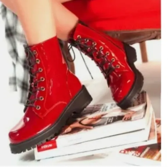 UNILADY Combat Military Lace-up Patent Leather Ankle Booties NWT