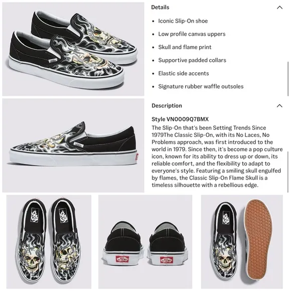 VANS Classic Slip On Sneakers Flame Skull Canvas Men's Sz8.5/ Skate VN0009Q7BMX
