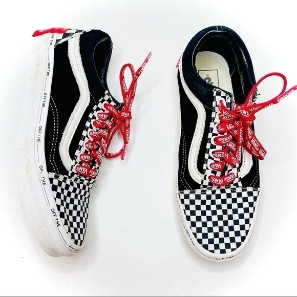Vans Old Skool Black Suede &amp; Checkerboard Disarray Sneakers with Red Laces