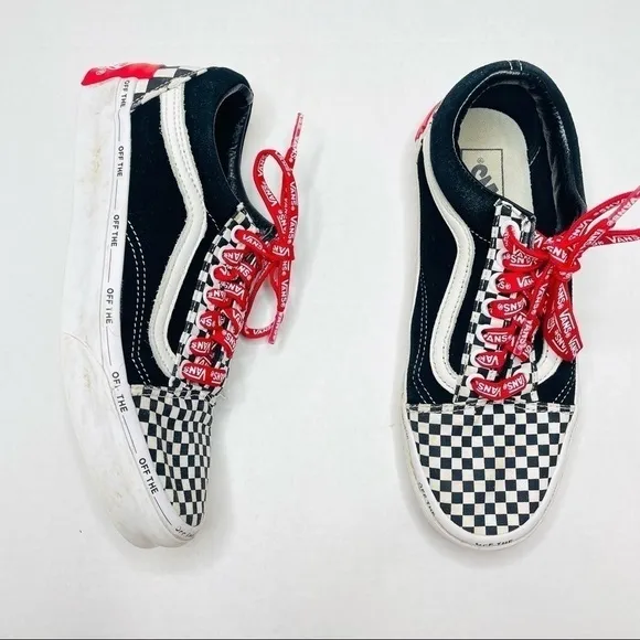 Vans Old Skool Black Suede &amp; Checkerboard Disarray Sneakers with Red Laces