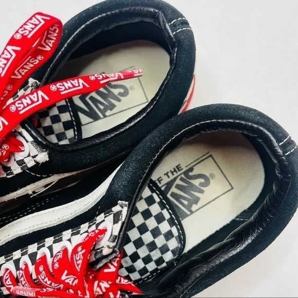 Vans Old Skool Black Suede &amp; Checkerboard Disarray Sneakers with Red Laces
