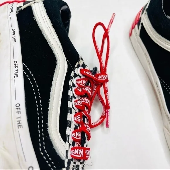 Vans Old Skool Black Suede &amp; Checkerboard Disarray Sneakers with Red Laces
