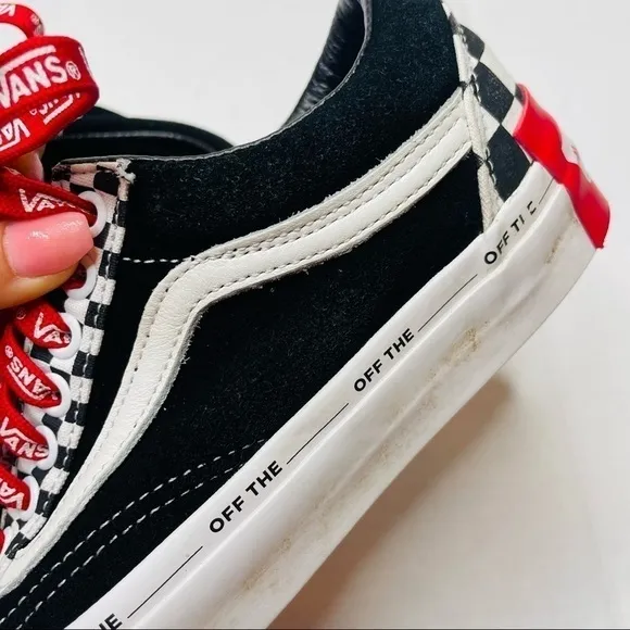 Vans Old Skool Black Suede &amp; Checkerboard Disarray Sneakers with Red Laces