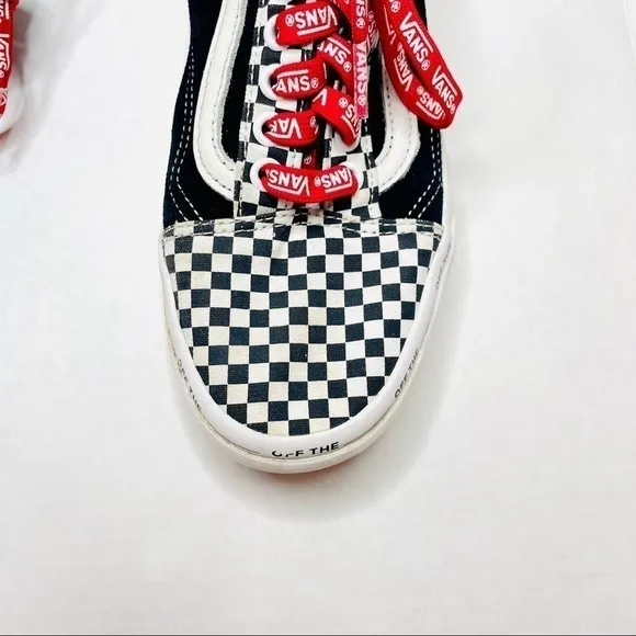 Vans Old Skool Black Suede &amp; Checkerboard Disarray Sneakers with Red Laces