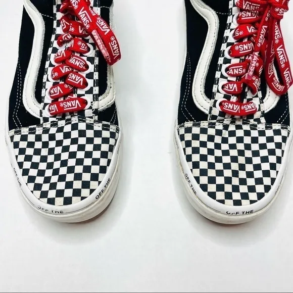 Vans Old Skool Black Suede &amp; Checkerboard Disarray Sneakers with Red Laces