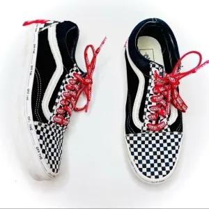 Vans Old Skool Black Suede &amp; Checkerboard Disarray Sneakers with Red Laces