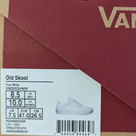 Vans Old Skool Sneakers, White Canvas, Women's 10 M