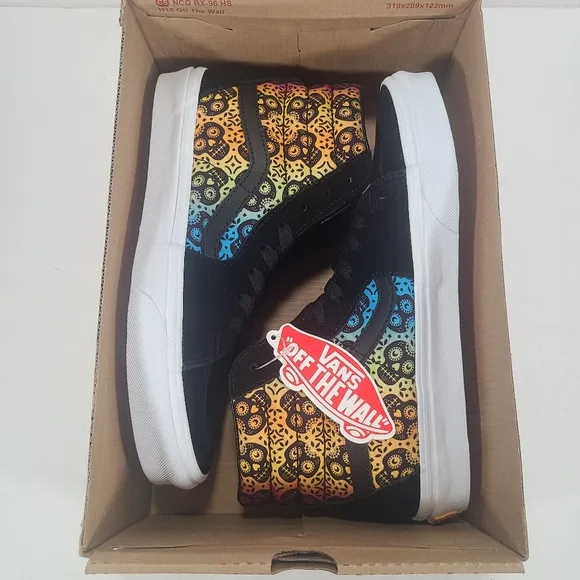Vans Sk8-Hi Dia De Los Muertos Day Of The Dead Black Multi Sneakers Women's 9
